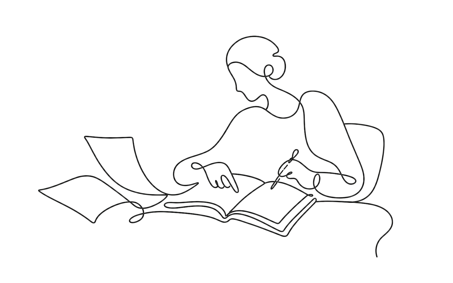 Line illustration of an editor reviewing and proofreading a book manuscript.